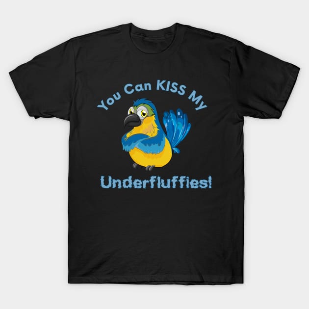 Blue Gold Macaw Parrot Kiss Underfluffies T-Shirt by Einstein Parrot